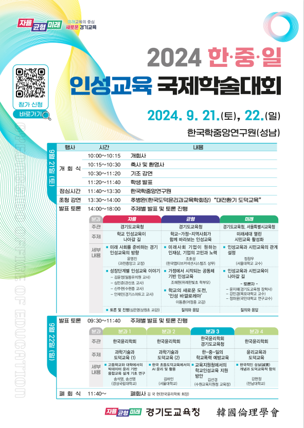 경기도교육청이 ‘2024 한·중·일 인성교육 국제학술대회’를 오는 21일과 22일 한국학중앙연구원에서 개최한다. (사진제공=경기도교육청)