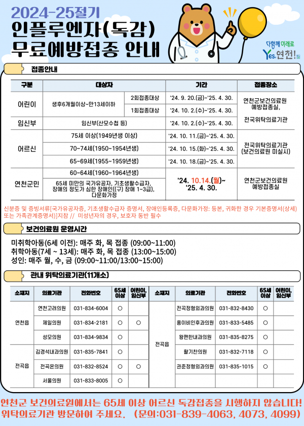 연천군, 인플루엔자 무료 예방접종 실시