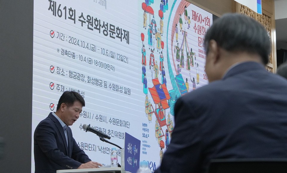 23일 오전 수원시 중회의실에서 개최된 언론브리핑에서 곽도용 수원시 문화청년체육국장이 브리핑을 하고 있다.(사진=김유정 기자)