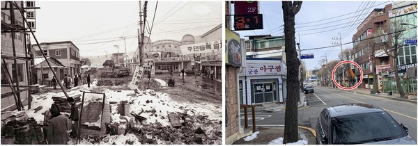 1981년 동광극장 앞 도시 계획 도로 확장공사가 진행중이다. 2024년 3월 현재 도시 계획에 의해 입구 방향이 바뀌고 새로운 건물. (1980년대 사진제공=동두천시), (2024년 사진=오기춘 기자)