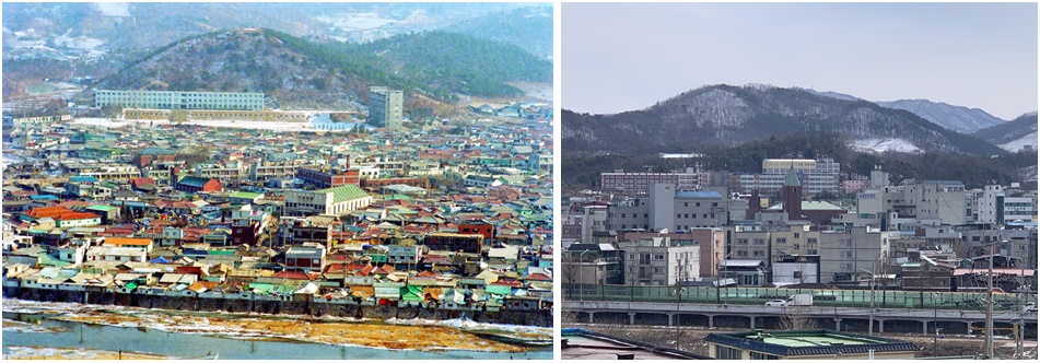 좌측 1982년 남산머루 광덕사에서본 동두천 중 고등학교와 시가지와 우측 2024년 3월의 모습. (1980년대 사진제공=동두천시), (2024년 사진=오기춘 기자)