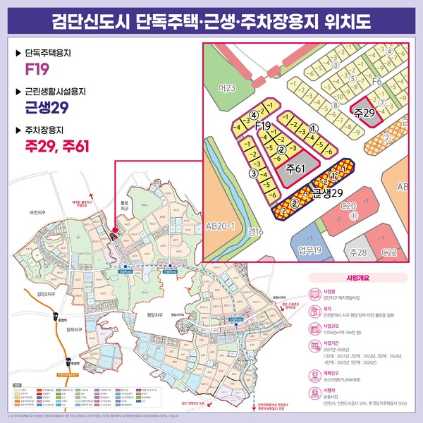 인천도시공사가 지난 14일부터 공고중인 검단신도시 내 단독주택용지(F19) 및 21일 공고예정인 근린생활용지(근생29)·주차장용지(주29, 주61)를 온비드(한국자산관리공사) 일반경쟁입찰 방식으로 공급한다. 사진은 검단신도시 필지별 위치도. (사진제공=인천도시공사)