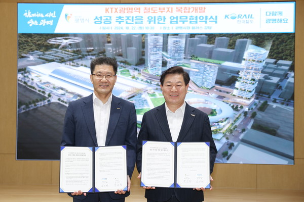 광명시가 22일 오전 광명시 인생플러스센터에서 한국철도공사와 ‘KTX광명역 철도부지 복합개발’ 성공적 추진을 위한 업무협약을 체결했다. (사진제공=광명시)
