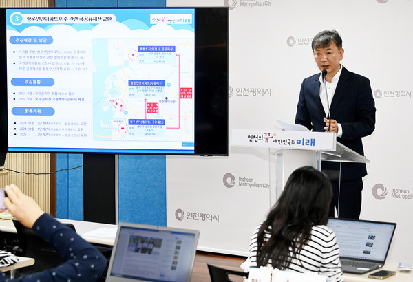 김을수 해양항공국장이 25일 시청 브리핑룸에서 중구 항운‧연안아파트 이주 지원사업과 관련해 해양수산부와 인천시 간 국‧공유재산 교환(1차) 계약을 체결했다고 발표했다.