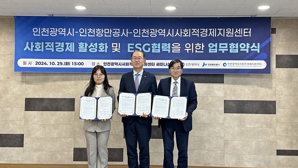 인천항만공사가 29일 인천광역시사회적경제지원센터에서 인천시, 인천광역시사회적경제지원센터와 ‘사회적경제 활성화 및 ESG협력을 위한 업무협약’을 체결했다. (사진제공=인천항만공사)
