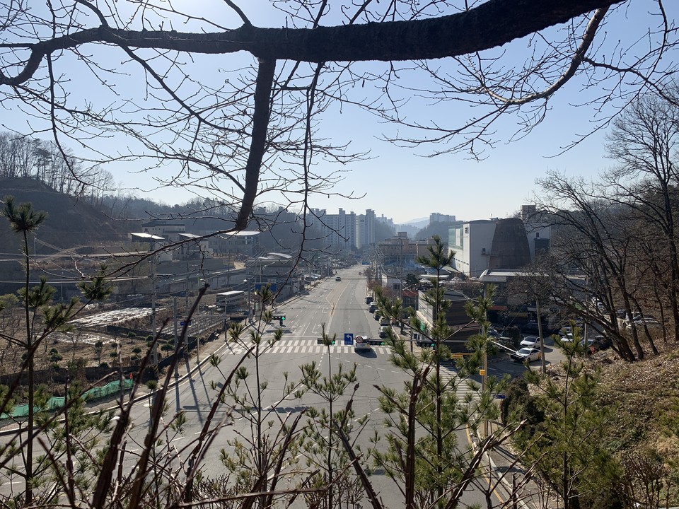 10일 낮 12시25분께 장고갯길 도로 위에 설치된 어등산 지류 생태통로인 이 길은 어등산의 많은 산 능선 중 한 곳으로 산책 등산로와 체육시설, 그리고 팔각정 같은 휴식 공간으로 잘 연계해 조성돼 있다. 생태통로 안에서 바라본 도로. (사진=오기춘 기자)