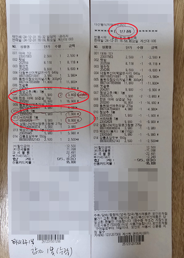 고객이 구매하지 않은 물품이 청구된 B식자재마트 영수증. 사진은 제보 영수증 편집된 것임. (사진=이건구기자)