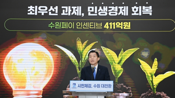 이재준 수원시장이 지난 1월 6일 신년브리핑에서 민생경제 회복 정책을 설명하고 있다.
