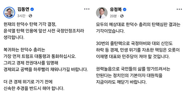헌법재판소가 24일 한덕수 국무총리에 대한 탄핵 심판을 기각한 가운데, 김동연 경기도지사와 유정복 인천시장이 각각 SNS를 통해 상반된 입장을 밝혔다.