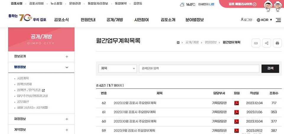 사진은 2023년 12월 이후 업데이트가 중지된 뒤, 김포시청 홈페이지 행정정보공개 서비스에서 메뉴에서 삭제된 '월간업무계획' 목록. (사진캡쳐=김포시청 홈페이지)