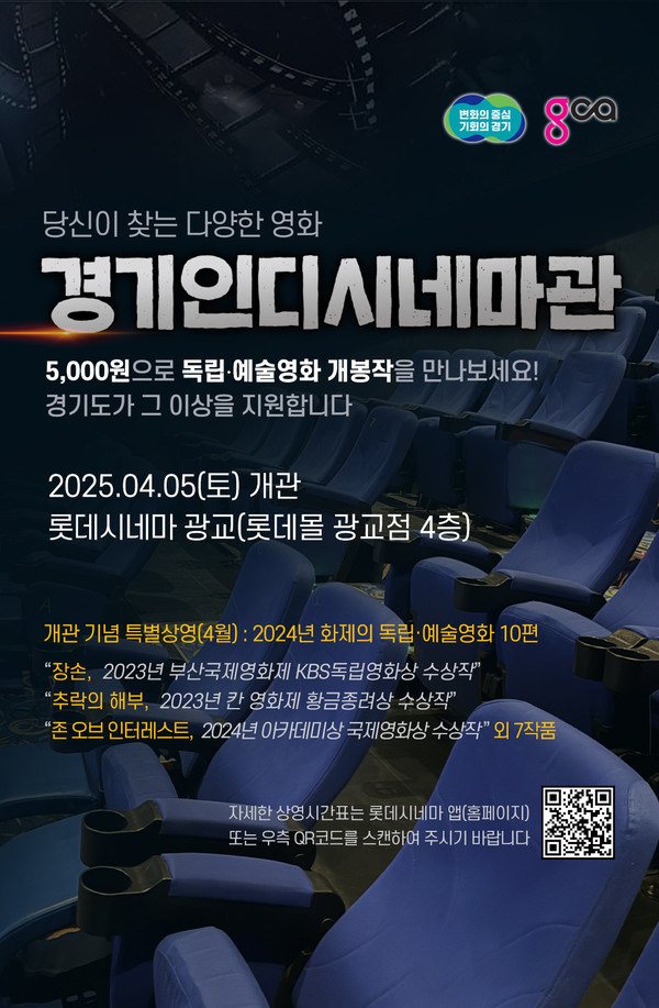 경기도가 5일 롯데시네마 광교 1관(롯데몰 광교점 4층)에 독립·예술영화전용관인 ‘경기인디시네마관’을 개관한다. (사진제공=경기도)