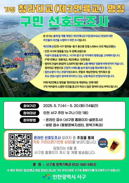 인천 서구, 가칭 청라대교 명칭 구민 선호도조사 실시
