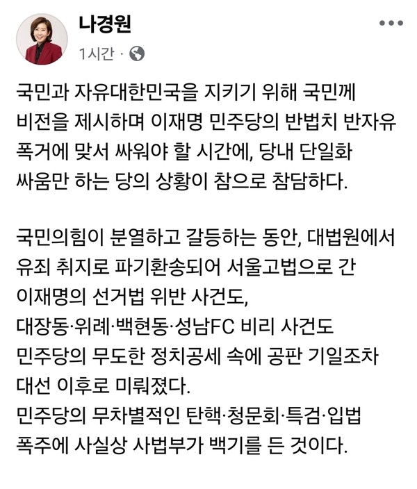 나경원 국민의힘 의원이 8일 자신의 SNS에 글을 올려 대선 후보 단일화 논란과 관련해 당 지도부를 강하게 비판했다.  (사진=나경원 의원 페이스북)