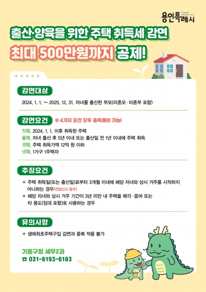 용인특례시 기흥구, 출산가구 주택 취득세 최대 500만원 감면