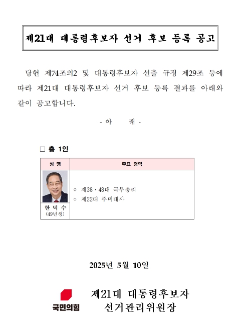 10일 오전 국민의힘 제21대 대통령선거 후보자 선출 취소 공고를 낸 데 이어 ‘대통령 후보자 등록 신청 공고’를 발표했고, 이에 한덕수 전 국무총리가 후보자로 등록했다. (사진출처=국민의힘)