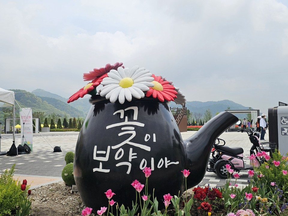 11일 오후 1시10분께 포천기 관인면 '2025 한탄강 봄 가든 페스타' 행사장에 ‘꽃이 보약이다’라는 문구가 적힌 탕약기 모양의 조형물이 설치돼 있어 관람객들의 눈길을 끌고 있다. (사진=김성운 기자)