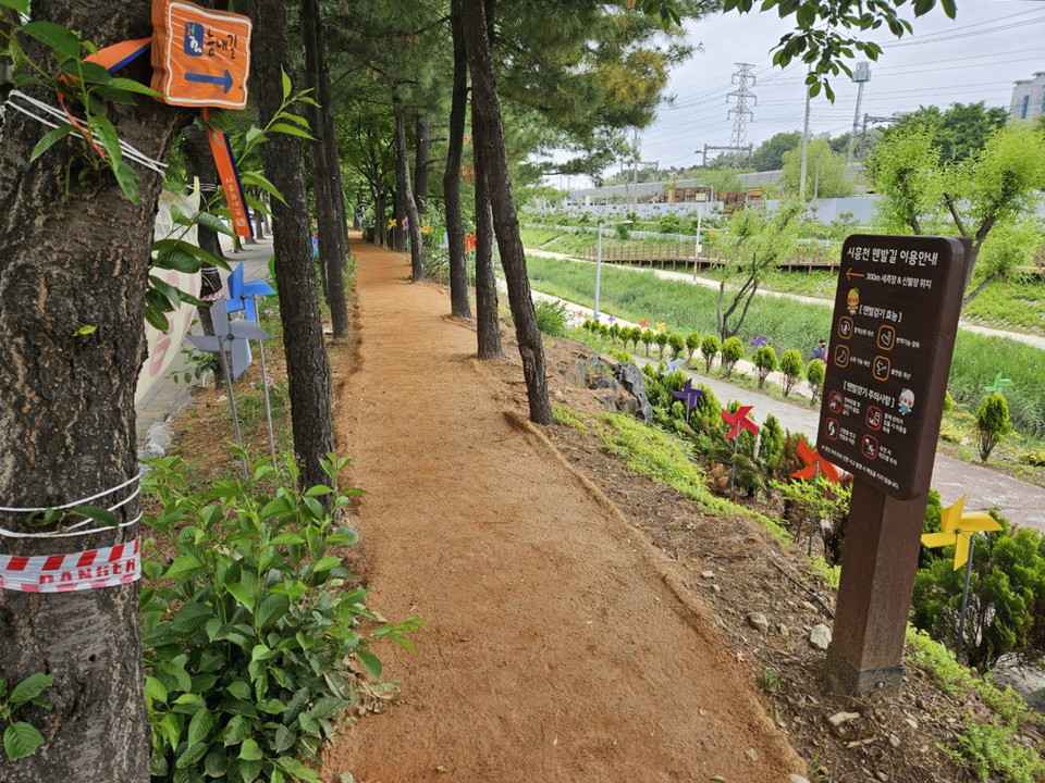 시흥시가 시민들의 건강 증진과 힐링 공간 제공을 위해 정왕본동 시흥천 제방에 ‘황톳길 맨발길’을 새롭게 조성해 본격 운영에 나섰다. (사진제공=시흥시)