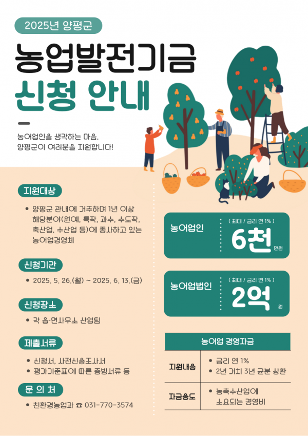 양평군 농업발전기금 농어업경영 자금 지원 사업 신청 접수