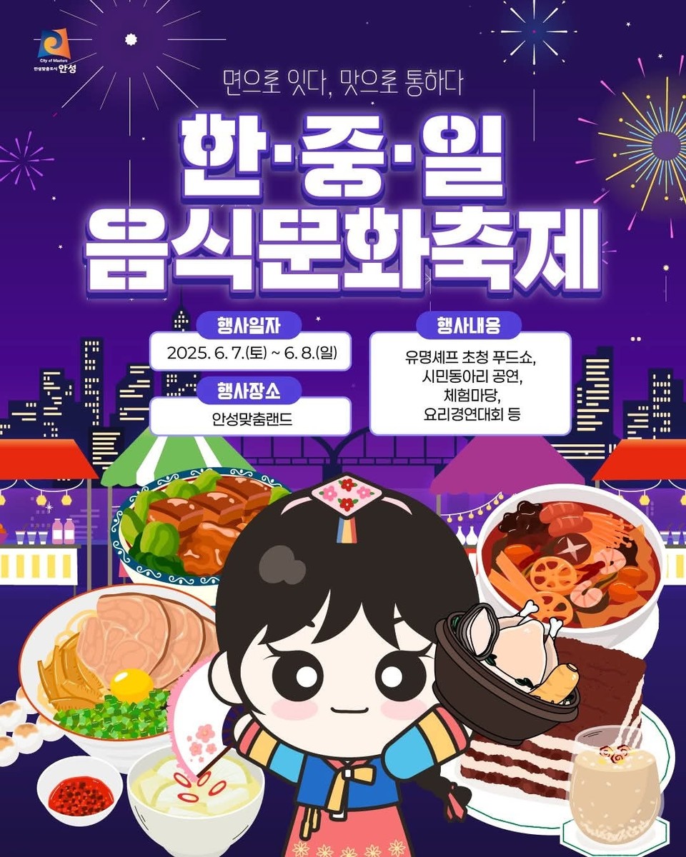 2025 동아시아문화도시로 선정된 안성시가 7일부터 8일까지 이틀간 ‘한·중·일 음식문화축제’를 안성맞춤랜드 일원에서 개최한다. 이번 축제는 ‘면으로 잇다, 맛으로 통하다’를 슬로건으로 내세워 3국 음식 문화 교류와 시민 참여형 체험을 결합한 것이 특징이다. (사진=안성시청 SNS)