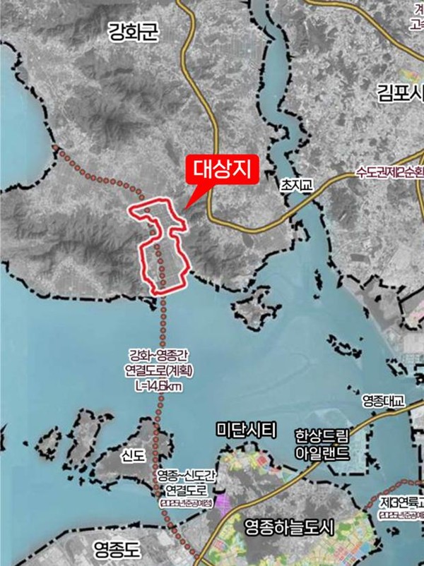 인천경제자유구역청이 강화남단 지역을 경제자유구역으로 지정받기 위한 절차를 본격화했다. 사진은 강화남단 경자구역 신규 지정 사업 위치도.