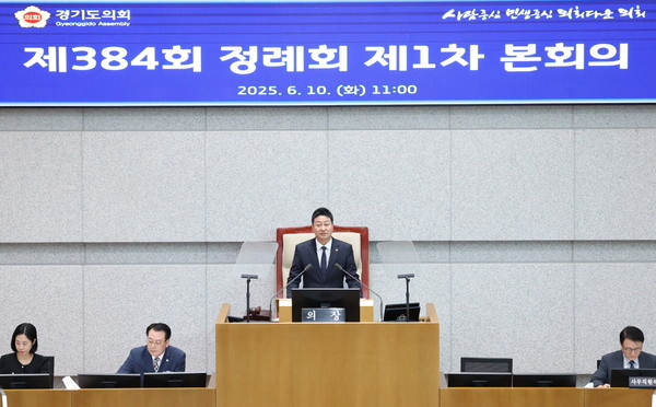 김진경 경기도의회 의장이 10일 열린 제384회 정례회 개회사에서 “민생 경제 회복이 최우선 과제”라며 여야정 협치를 통해 도민 삶을 뒷받침하겠다고 강조했다. (사진제공=경기도의회)