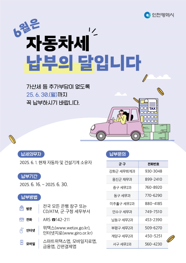 인천시, 2025년 6월 정기분 자동차세 1,337억원 부과