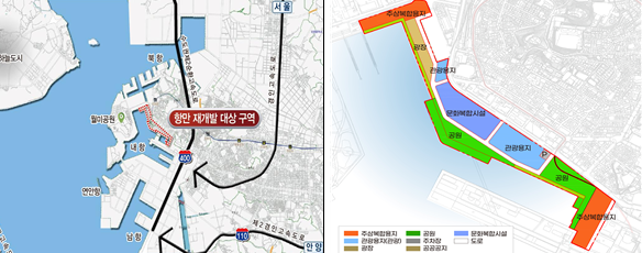 인천도시공사는 12일 오후 2시 인천항 내항 상상플랫폼에서 해양수산부에서 개최하는 ‘인천항 내항 1·8부두 재개발’ 사업계획수립을 위한 공청회에 참여한다. 사진은 사업 위치도 및 토지이용계획(안). (사진제공=인천도시공사)