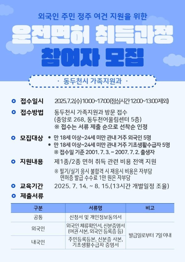 동두천시가 관내에 거주하는 외국인 청년과 기초생활수급 청년을 대상으로 운전면허 취득 비용을 전액 지원하는 사업을 추진한다. (사진=동두천시청 SNS)