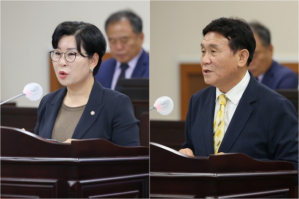 인천 동구의회 오수연 의원과 이영복 부의장이 17일 열린 제284회 제1차 정례회 제4차 본회의에서 의정자유발언을 통해 동구 녹지 관리 부실과 숭인지하차도 공사 지연 문제에 대한 집행부의 적극적인 개선을 촉구했다. (사진제공=동구의회)