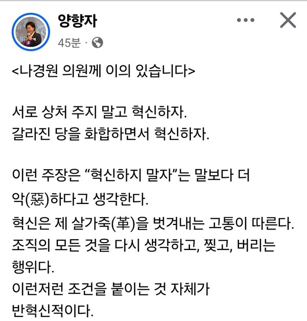 양향자 전 더불어민주당 의원이 18일 자신의 페이스북을 통해 나경원 국민의힘 의원의 발언을 정면으로 비판했다. (사진=양향자 전 의원 페이스북)