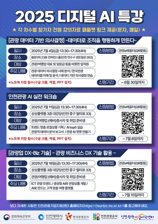 인천광역시와 인천관광공사는 한국관광공사와 함께 내달 4일부터18일까지 매주 금요일 총 3회에 걸쳐 지역 관광업계의 디지털 전환 및 AI 활용 역량 강화를 위한 ‘디지털 AI 특강’을 개최한다. (사진제공=인천관광공사)