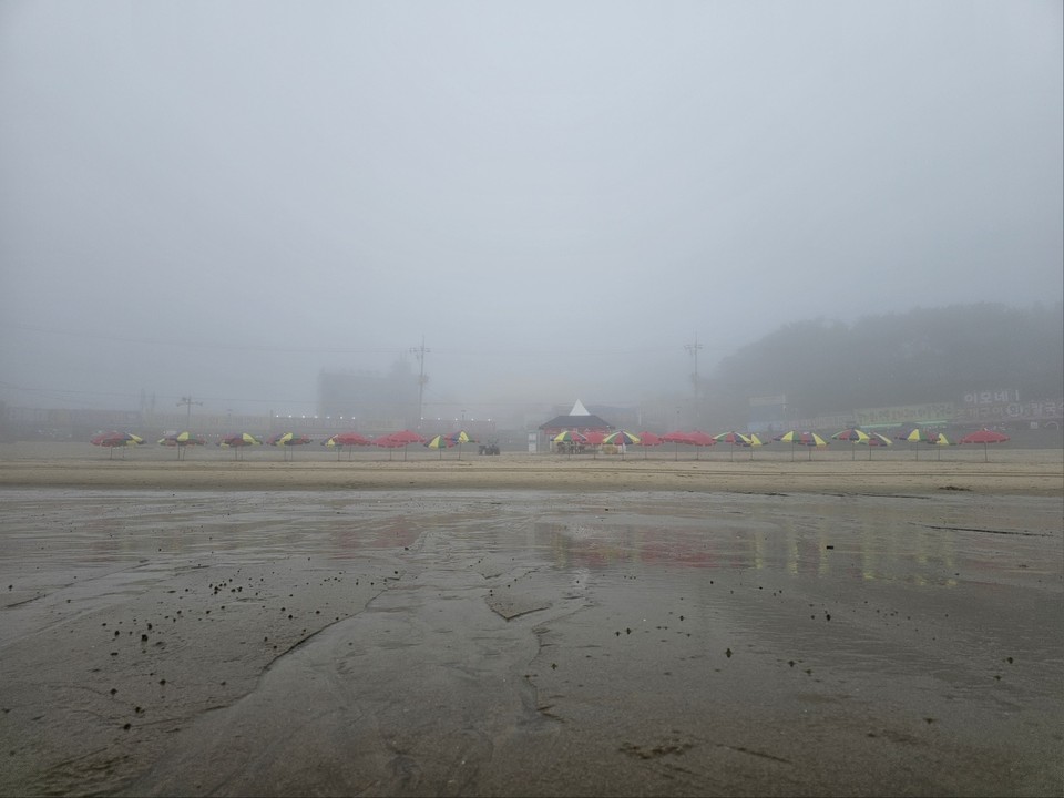 절기상 하지인 21일 오전 9시50분께 인천시 중구 을왕리해수욕장에 펼쳐진 울긋불긋 파라솔이 짙은 안개에 뒤덮여 있다. (사진=남용우 선임기자)