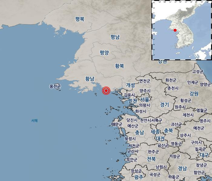 22일 오후 1시28분14초께 북한 황해남도 해주 남동쪽 38㎞ 해역에서 규모 2.0의 지진이 발생했다. 사진은 지진 발생 위치도. (사진제공=기상청)