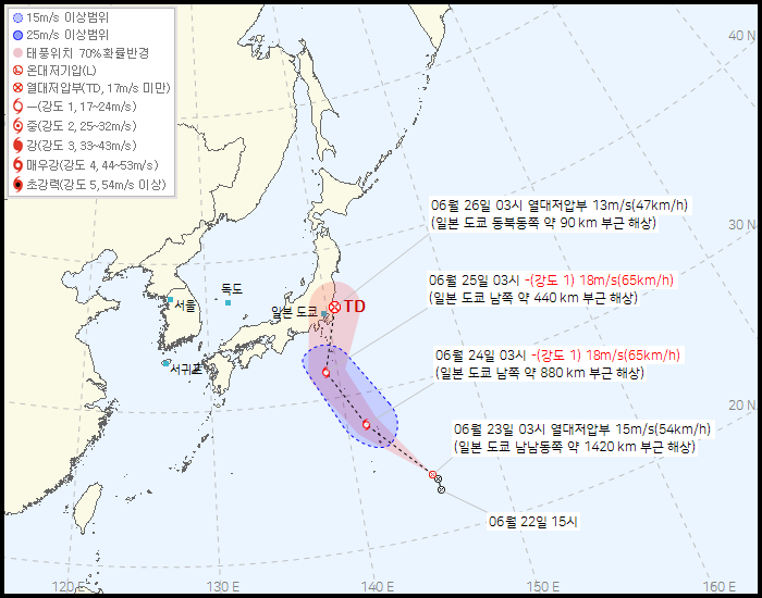 제4호 열대저압부가 일본 남쪽 해상에서 북상 중인 가운데, 기상청은 이 저압부가 24시간 이내에 제2호 태풍 ‘스팟(SEPAT)’으로 발달할 가능성이 높다고 내다봤다. (사진제공=기상청)