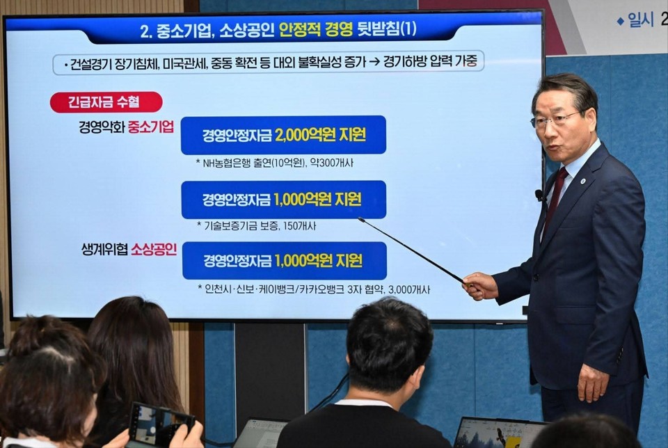 유정복 인천시장이 24일 오전 시청 브리핑룸에서 긴급 기자회견을 열고 “위기 앞에 멈추지 않겠다”며 ‘긴급 민생경제 안정대책’을 발표했다. (사진=유정복 인천시장 페이스북)