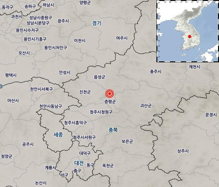 충청북도 증평군 북북동쪽 7㎞ 지역에서 25일 오전 5시59분 35초께 규모 2.2의 지진이 발생했다. 발생 깊이는 7㎞로 확인됐다. (사진제공=기상청)