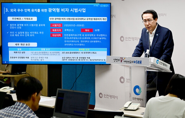 김영신 국제협력국장이 3일 시청 브리핑룸에서 국제협력국 소관 현안과 관련해 기자브리핑을 하고 있다.