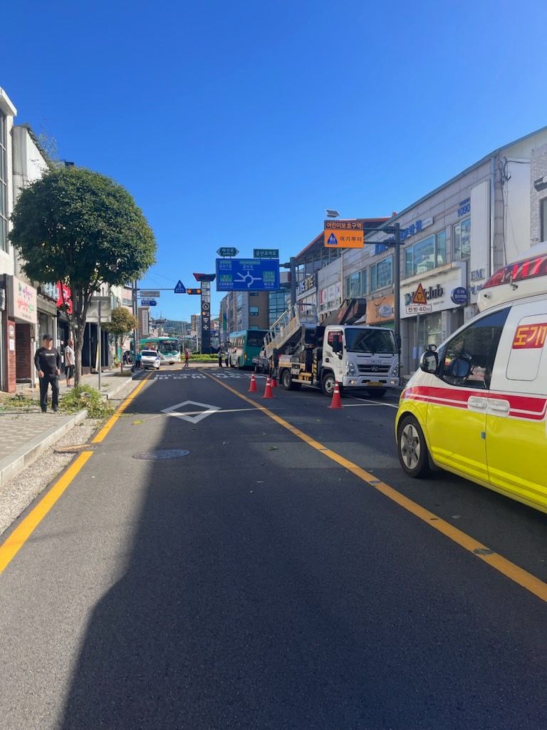 27일 오전 8시13분께 안성시 연지동 금산교차로 부근에서 도로변 가로수 전지작업을 하던 60대 작업자 2명이 추락해 중상을 입었다. (사진제공=경기도소방재난본부)