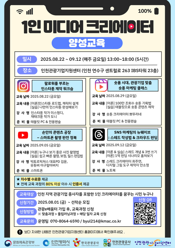 인천시와 인천관광공사가 오는 22일부터 내달 12일까지 관광 콘텐츠 제작 역량을 갖춘 지역 크리에이터 양성을 위한 SNS 중심 교육 프로그램을 운영한다. (사진제공=인천관광공사)