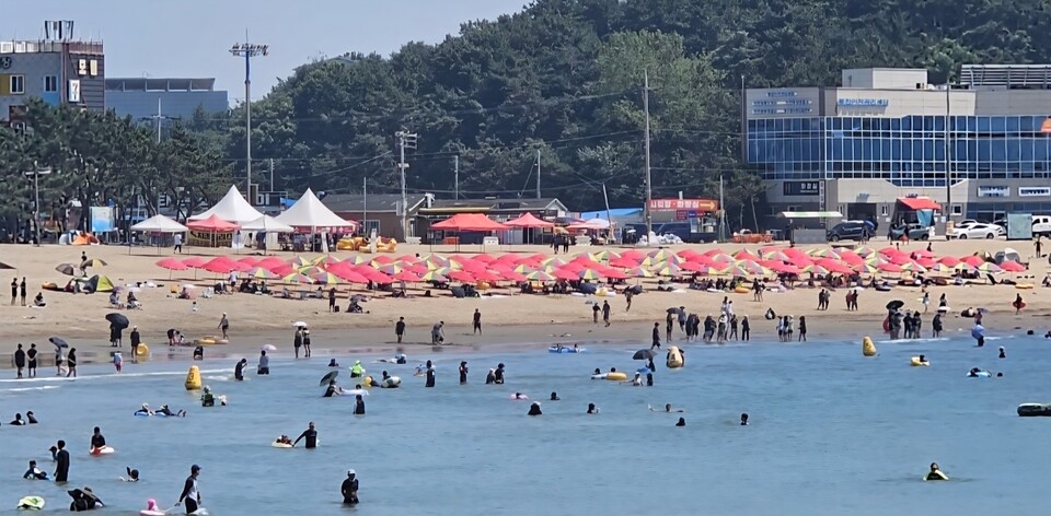 4일 오후 1시 50분께 인천 중구 을왕리해수욕장을 찾은 많은 가족단위의 피서객들이 물놀이하며 더위를 식히고 있다.(사진=남용우 선임기자)