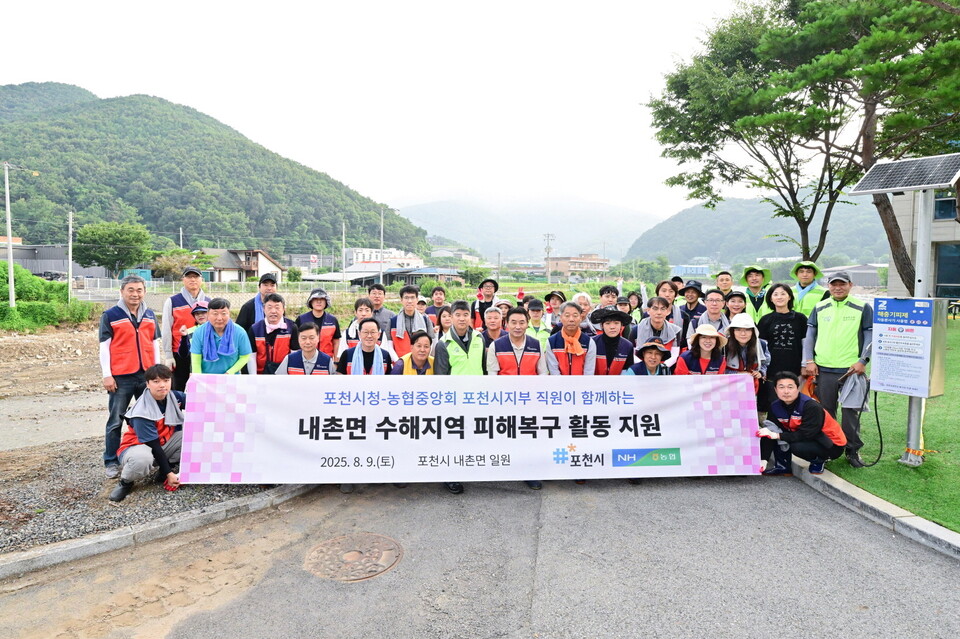 포천시청 공무원, 농협중앙회 포천시지부 농촌사랑봉사단 등 총 68명의 봉사자들이 수해피해를 입은 포도농가를 방문해 봉사활동을 펼쳤다. (사진제공=포천시)
