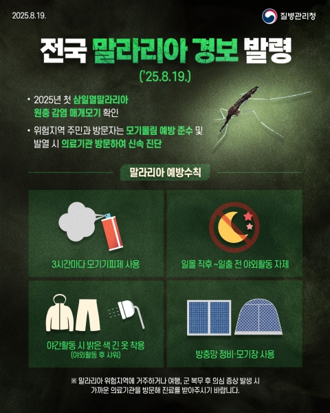 전국 말라리아 경보 발령, 의심 증상 발생 시 무료 검사 받으세요