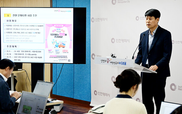 윤도영 인천시 문화체육국장이 2일 시청 브리핑룸에서 공연·스포츠·관광을 천원에 즐길 수 있는 ‘천원 문화티켓’ 사업을 처음 시행한다고 기자브리핑을 하고 있다. (사진제공=인천시)