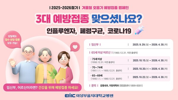의정부을지대학교병원이 겨울철 호흡기질환 확산을 막기 위해 독감, 폐렴구균, 코로나19 예방접종 캠페인을 오는 29일부터 내년 4월30일까지 진행한다. (사진제공=의정부을지대학교병원)