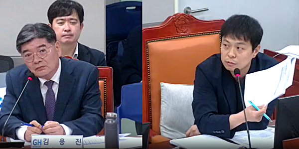김용진 GH 사장의 자질과 적격성에 대한 의문이 제기됐으나 재무여건개선 위한 제도 개선을 약속하며 지난 22일 취임했다. 사진은 지난 12일 경기도의회 도시환경위원회 유영일(국민의힘, 안양5) 부위원장이 GH 김용진 사장 후보자 인사청문회에서 질의를 하고 있는 모습. (사진제공=경기도의회)