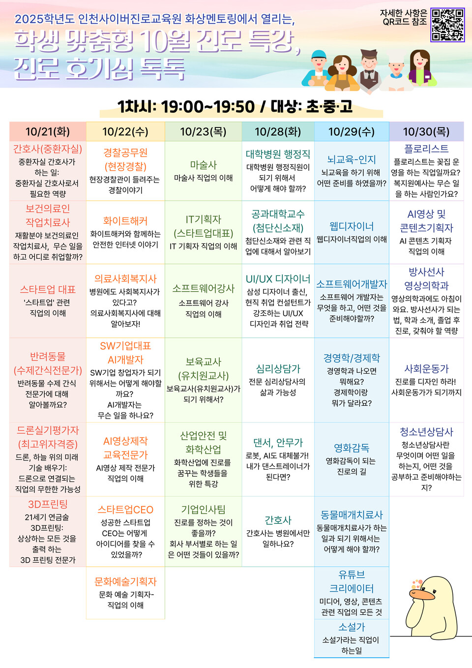 인천광역시교육청이 내달 21일부터 30일까지 매주 화·수·목요일, 인천사이버진로교육원 온라인 화상 시스템을 통해 ‘학생 맞춤형 진로특강, 진로 호기심 톡톡’을 운영한다. (사진제공=인천시교육청)