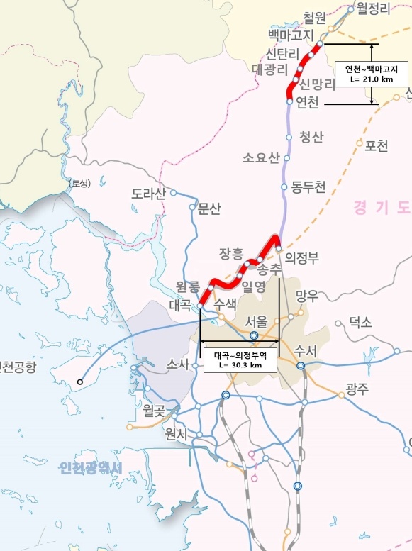국내 최초의 수소열차가 오는 2027년부터 경원선과 교외선 구간에서 시험 운행을 시작한다. 국토교통부는 수소전기동차 실증사업을 통해 수소열차 조기 상용화와 친환경 교통수단 확산을 본격 추진한다. 사진은 노선도. (사진제공=국토부)