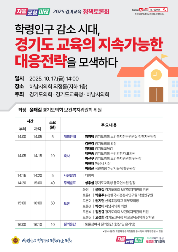 경기도의회 보건복지위원회 윤태길 의원이 오는 17일 오후 2시 하남시의회 의정홀에서 ‘학령인구 감소 시대, 경기도 교육의 지속가능한 대응전략을 모색하다’를 주제로 정책토론회를 개최한다. (사진제공=경기도의회)