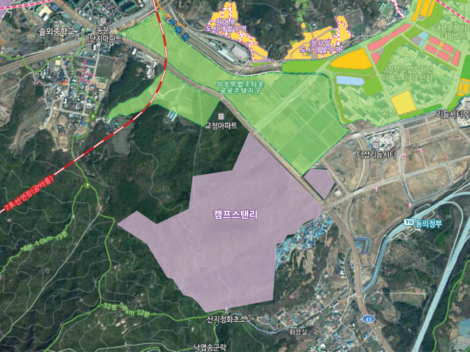 경기도가 장기간 지역발전을 저해했던 주한미군 반환공여구역의 개발 활성화를 위해 개발제한구역 해제 기준을 완화했다. 사진은 의정부 캠프스탠리 위치도. (사진제공=경기도)