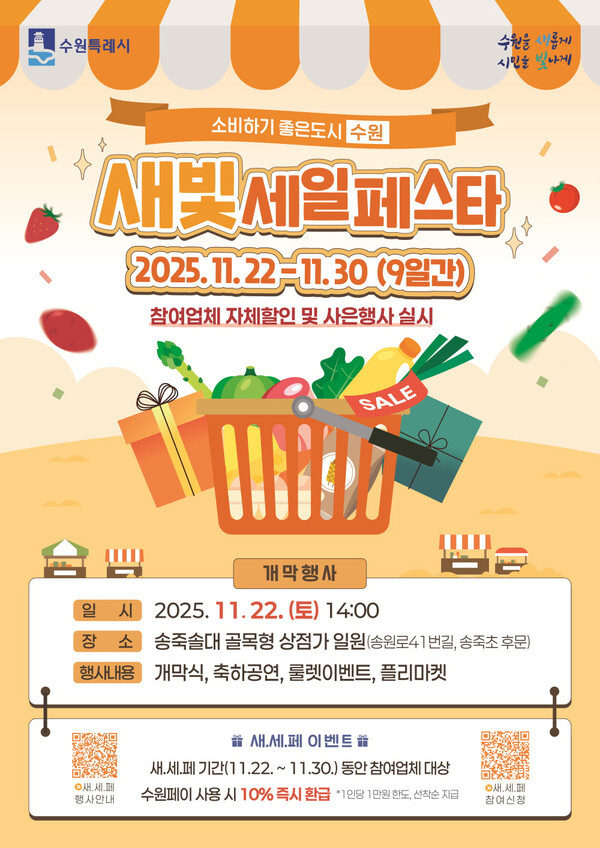 수원특례시가 오는 22~30일 ‘제6회 새빛세일페스타 수원’을 연다. 개막 행사는 22일 오후 1~5시 송죽솔대 골목형 상점가 일원에서 개최된다. (사진제공=수원시)